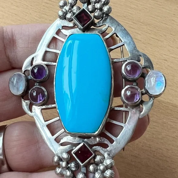 HUGE VINTAGE TURQUOISE AMETHYST GARNET MOONSTONE PENDANT PIN BROOCH 925STERLING
